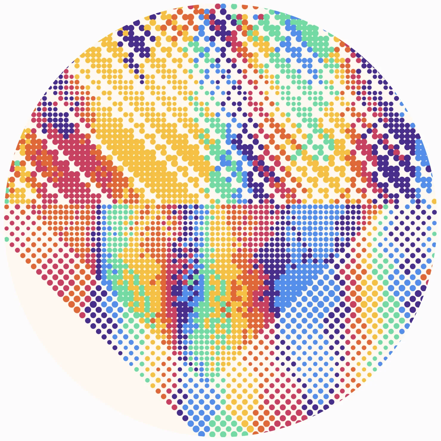 Small multicolored dots undulate in angular patterns