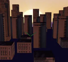 A leaf of parsley flapping its wings like a butterfly goes through a city towards the sunset