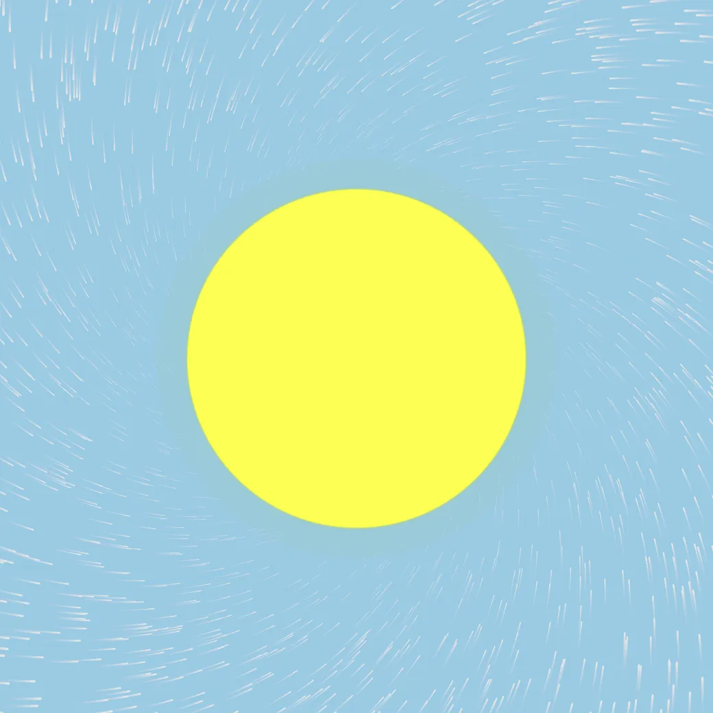 A bright yellow circle in the middle of a sky-blue background with small white streaks swirling towards it like a toilet flushing