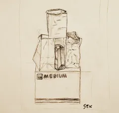 Five paper bags sitting atop a box that reads "MEDIUM". Three form the base with their short sides facing to the front, the left bag is a plain paper grocery bag, the center bag has some wavy patterns and a little ribbon sticking out, the bag on the right is significantly crumpled, wrinkled, and slightly torn. Stacked on top of those three is the fourth bag, wider face to the front, and on top of it is a long, skinny bag lying horizontally with the top pointing to the left, where the bottom of the bag cinches to a folded edge instead of a square like the grocery bags and gift bag.