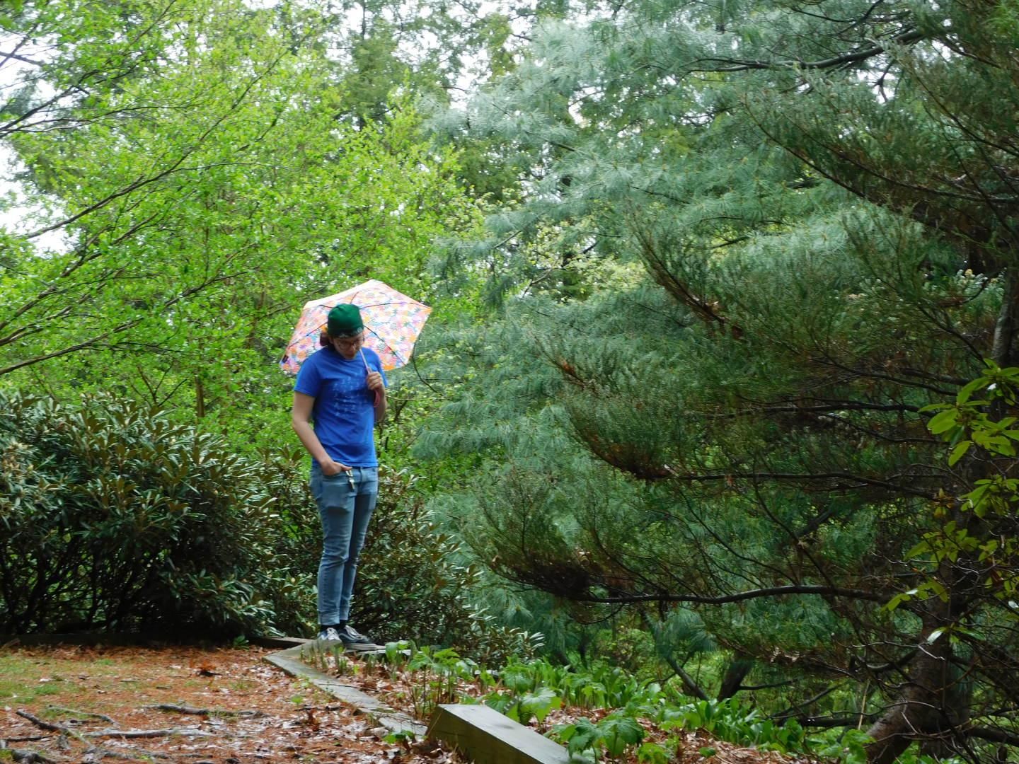 A person with shoulder-length brown hair and glasses is looking down at the
ground facing the camera. They are wearing a green beanie, a dark blueberry colored shirt, light blue jeans and vans. They have a small keyring clipped into a belt loop, their right hand is in their pocket and their left hand is holding an umbrella with multicolored strawberries printed on it. The image is framed by a forest with a pine tree on the right side (the person's left) and other deciduous trees on the left.